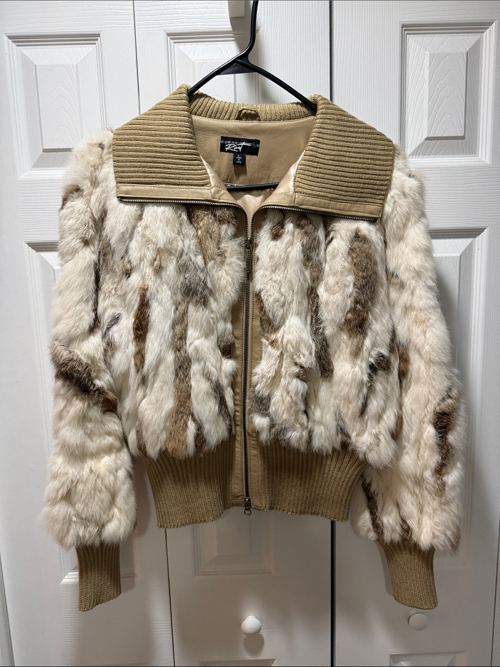 Black Rivet Cream and Brown rabbit Fur Bomber Jacket with Tan Ribbing